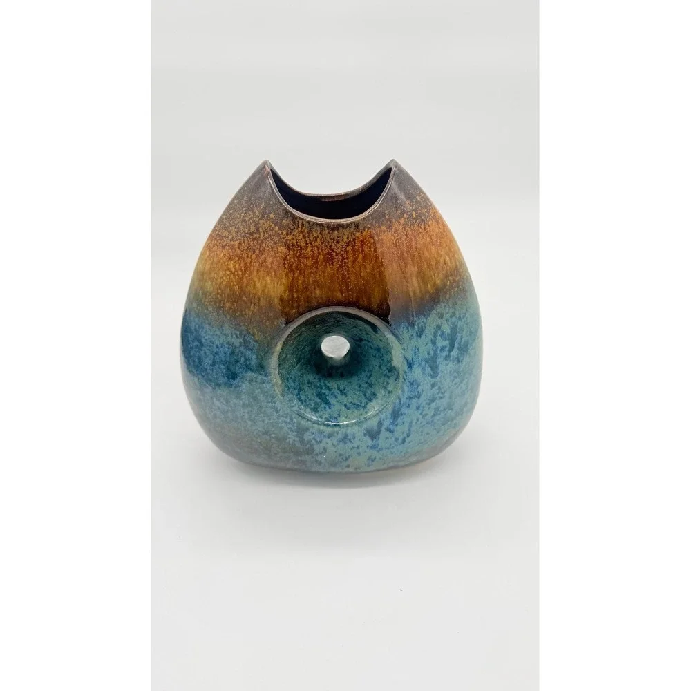 Vintage Ceramic Vase Decoration Piece 8.5 Inches Tall In Brown & Blue Distressed